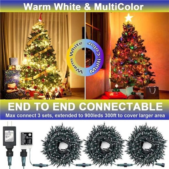 Color Changing Christmas String Lights 11 Modes, 300 LED 109 Fft (Green Wire) - Picture 1 of 7